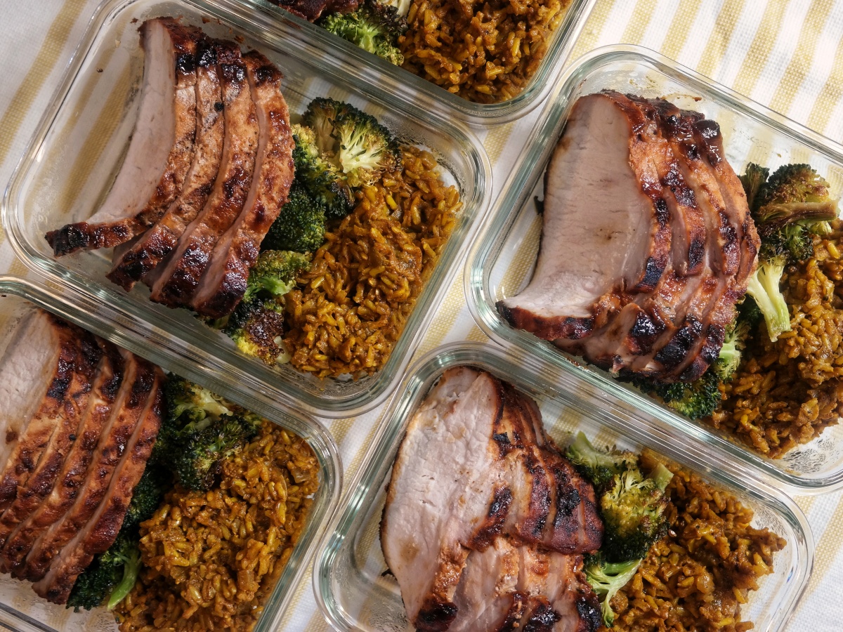 Grilled Pork with Curried Rice & Roasted Broccoli